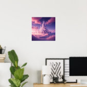 Betoverde Roze Kasteel Boven de Dromerige Wolken Poster (Thuiskantoor)