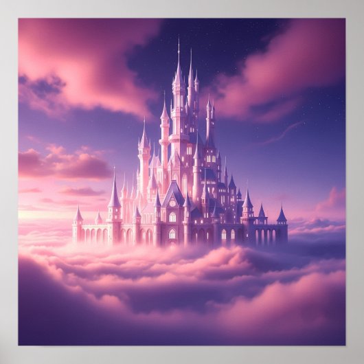 Betoverde Roze Kasteel Boven de Dromerige Wolken Poster (Voorkant)