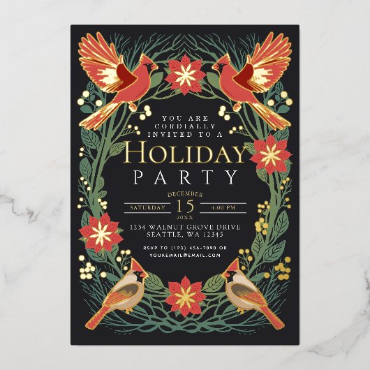 Betoverde Rustieke Kerst Kardinalen Vakantie Party Folie Uitnodiging (Voorkant)