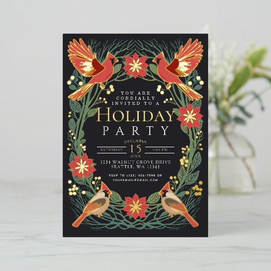 Betoverde Rustieke Kerst Kardinalen Vakantie Party Folie Uitnodiging (Staand Voorkant)