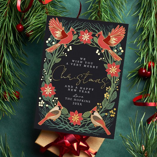 Betoverde rustieke kerstkardinalen folie feestdagenkaart