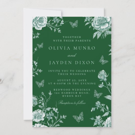 Betoverde  smaragdgroene bloemenbruiloft kaart (Voorkant)