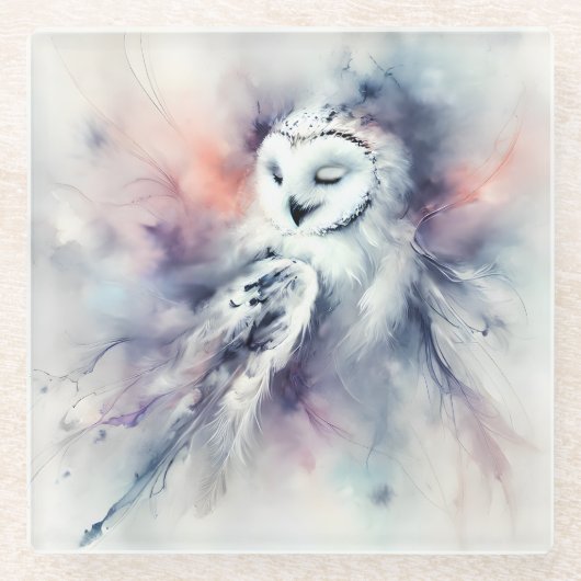 Betoverde sneeuwuil in Waterverf Glazen Onderzetter (Voorkant)