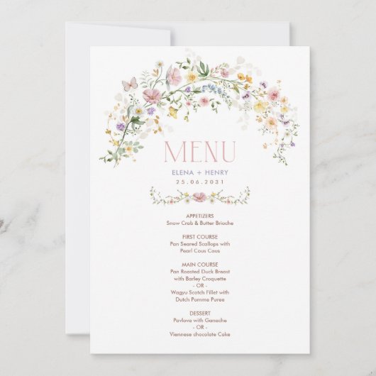 Betoverde Soft Wildflower Garden Wedding Menu Kaar Kaart (Voorkant)