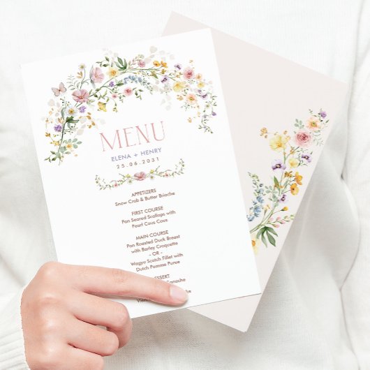 Betoverde Soft Wildflower Garden Wedding Menu Kaar Kaart