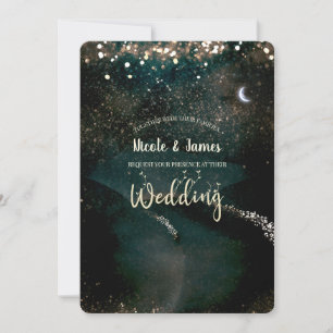 Betoverde Sparkly Starry Moon in Sky Night Wedding Kaart