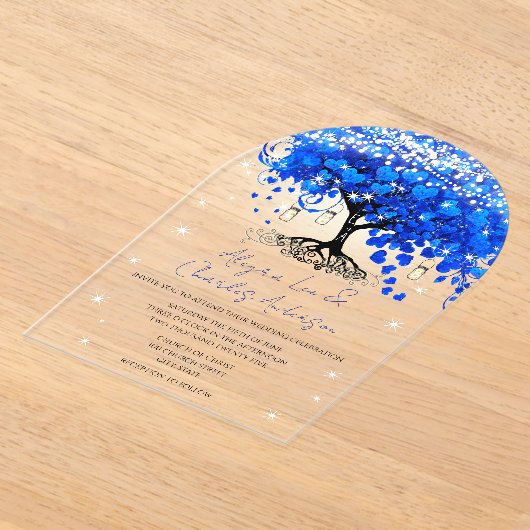 Betoverde sprookjesachtige blauwe hart blad boom b acryl uitnodigingen (Laagn)