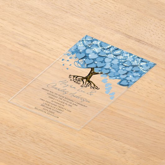 Betoverde sprookjesachtige blauwe hart blad boom b acryl uitnodigingen (Laagn)