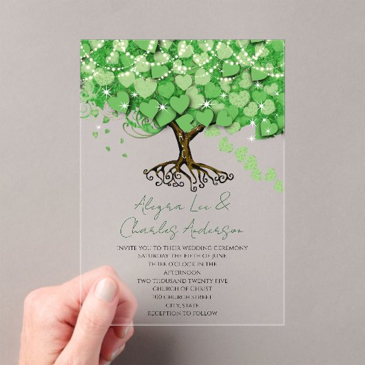 Betoverde Sprookjesachtige Groene Hart Blad Boom H Acryl Uitnodigingen (Insitu (Draagbaar))