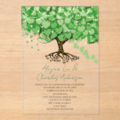 Betoverde Sprookjesachtige Groene Hart Blad Boom H Acryl Uitnodigingen (Voorkant)