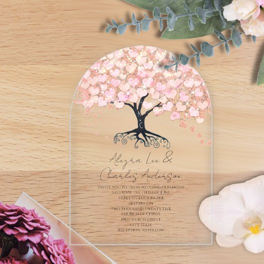 Betoverde sprookjesachtige roze hart blad boom bru acryl uitnodigingen