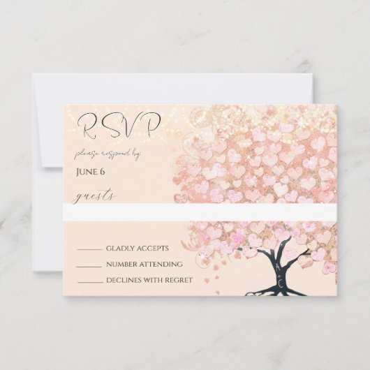 Betoverde sprookjesachtige roze hart blad boom bru RSVP kaartje (Voorkant)