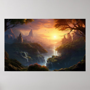 Betoverde Sunset Valley - Fantasy Landscape Art Po Poster