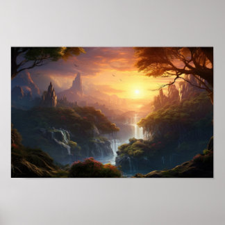 Betoverde Sunset Valley - Fantasy Landscape Art Po Poster