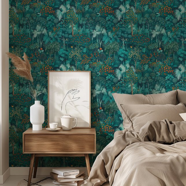 Betoverde Teal Bosbehang Behang (Creator heeft geüpload)