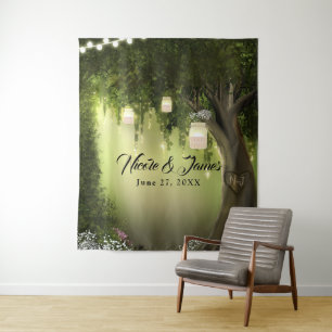 Betoverde Tuin Bos Eikenboom Feest Achtergrond Wandkleed