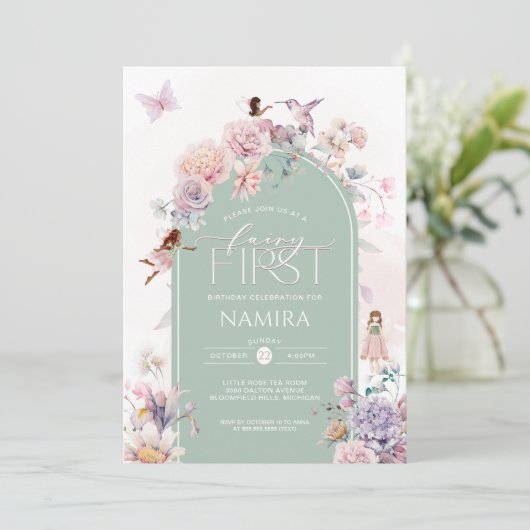 Betoverde tuin fee eerste verjaardagsfeest kaart (Staand voorkant)