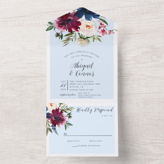 Betoverde Tuin Lichtblauw Bourgogne Marine All In One Uitnodiging (Binnen)