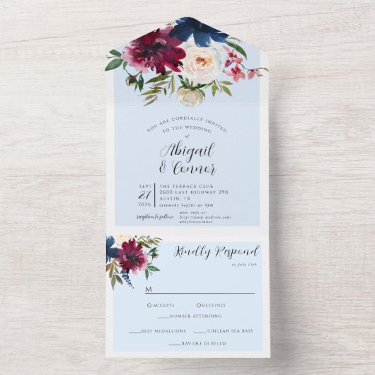 Betoverde Tuin Lichtblauw Bourgogne Marine All In One Uitnodiging (Binnen)