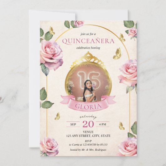 Betoverde Tuin Roze Rozen Gouden Foto Quinceanera Kaart (Voorkant)