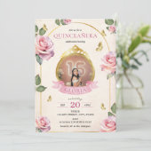 Betoverde Tuin Roze Rozen Gouden Foto Quinceanera Kaart (Staand voorkant)