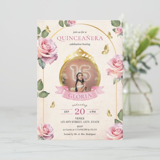 Betoverde Tuin Roze Rozen Gouden Foto Quinceanera Kaart (Staand voorkant)