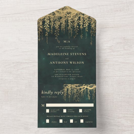 betoverde tuin smaragd gouden sprookje bruiloft all in one uitnodiging (Binnen)