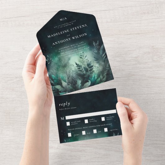 betoverde tuin smaragd sprookje magische bruiloft all in one uitnodiging (Afscheurbaar)