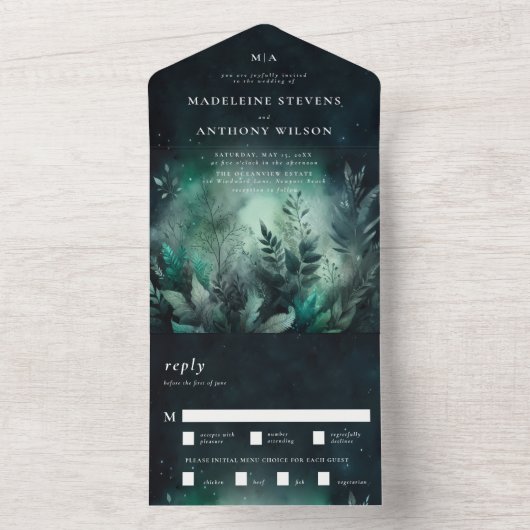 betoverde tuin smaragd sprookje magische bruiloft all in one uitnodiging (Binnen)
