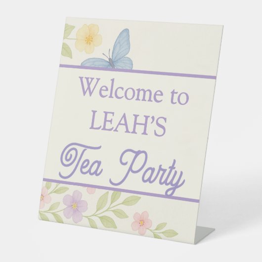 Betoverde tuin thee partij teken reclamebord met voetstuk (Voorkant)