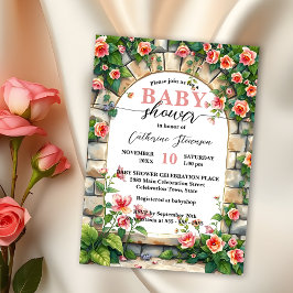 Betoverde Tuinboog met Roze Rozen Baby shower Kaart
