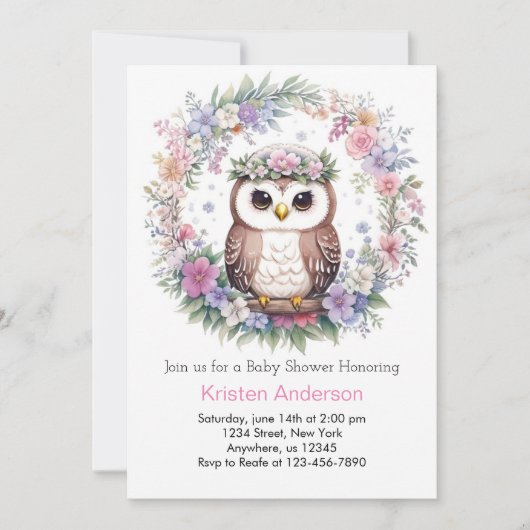 Betoverde Uil Bossen: Meisje Baby shower Kaart (Voorkant)