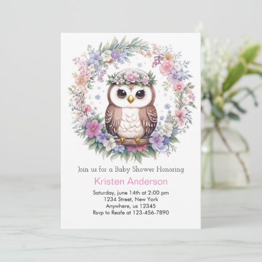 Betoverde Uil Bossen: Meisje Baby shower Kaart (Staand voorkant)