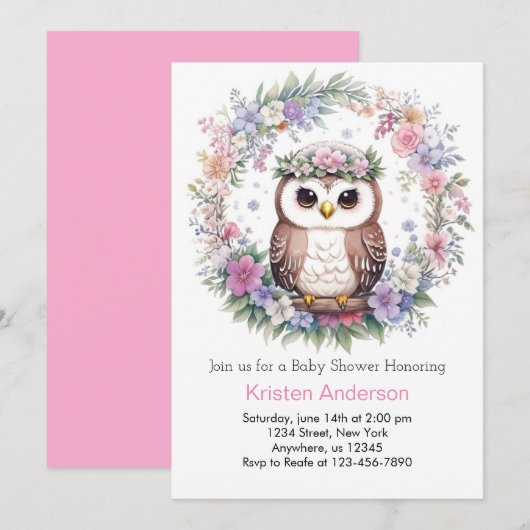 Betoverde Uil Bossen: Meisje Baby shower Kaart (Voorkant / Achterkant)