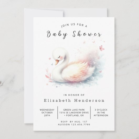 Betoverde Uitprintbare Zwaan Baby Shower Kaart (Voorkant)