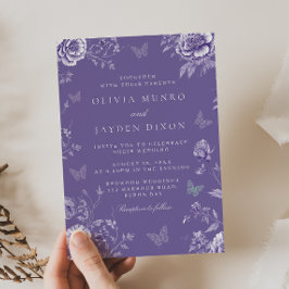 Betoverde Vintage Paarse Vlinder Bloemige Bruiloft Kaart