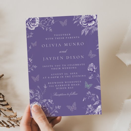 Betoverde Vintage Paarse Vlinder Bloemige Bruiloft Kaart