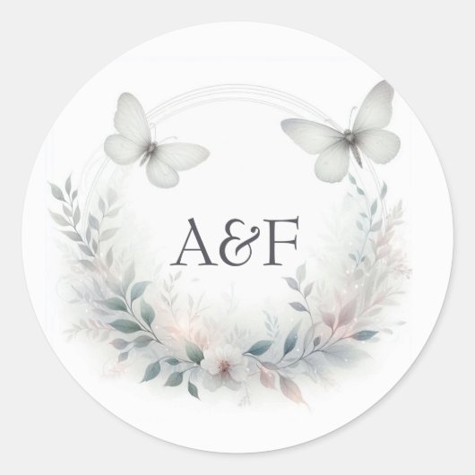 Betoverde Vlinder Monogram Huwelijk Ronde Sticker (Voorkant)
