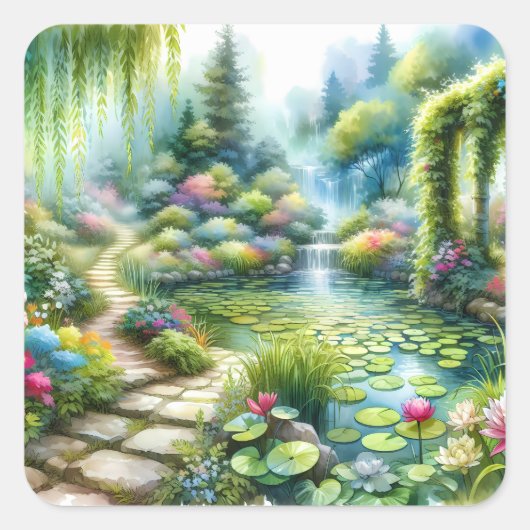 Betoverde Watervaltuin Waterleliviiver Vierkante Sticker (Voorkant)