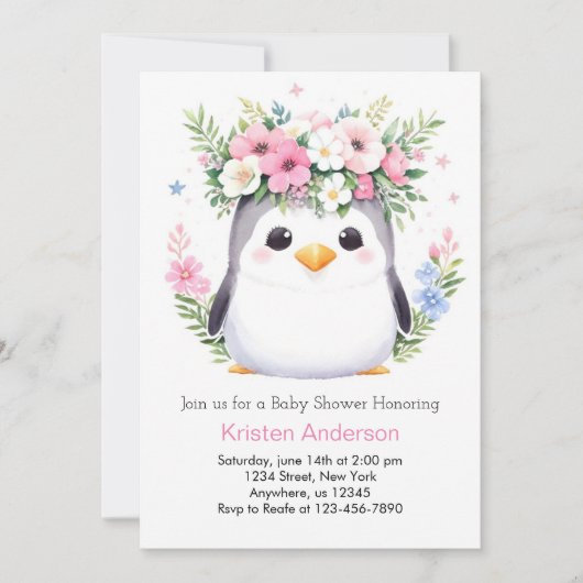 Betoverde Waterverf Pinguïn Meisje Baby shower Kaart (Voorkant)