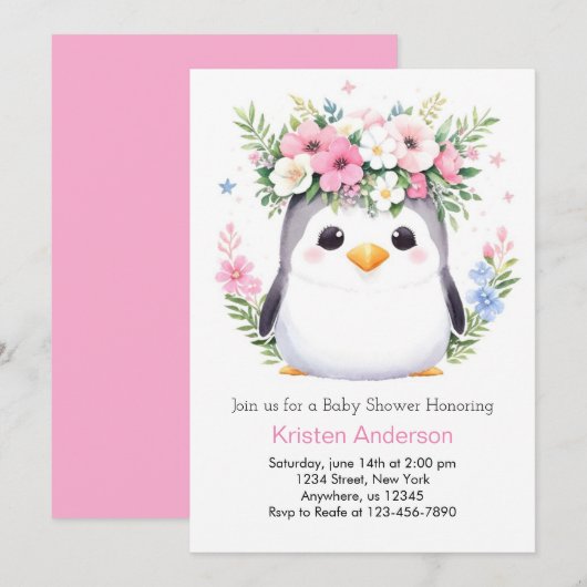 Betoverde Waterverf Pinguïn Meisje Baby shower Kaart (Voorkant / Achterkant)