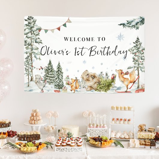 Betoverde Winter Bos Verjaardags Welkom Spandoek