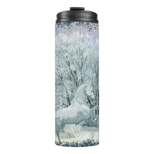 Betoverde Winter Forest Witte Paard Thermosbeker (Voorkant)