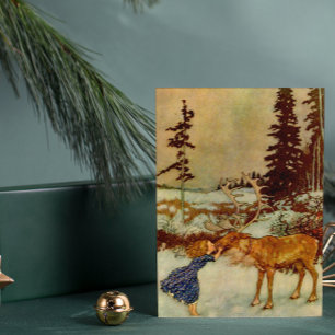 Betoverde Winter met Vintage Meisje en Rendier Briefkaart