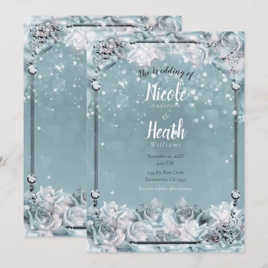 Betoverde Winterrozen Zilver Wit Teal Bruiloft Kaart (Voorkant / Achterkant)