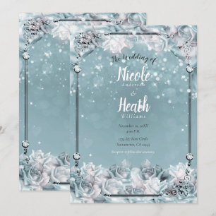 Betoverde Winterrozen Zilver Wit Teal Bruiloft Kaart