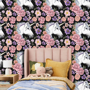 Betoverde Witte Eenhoorn Bloemen Roze Zwart Behang