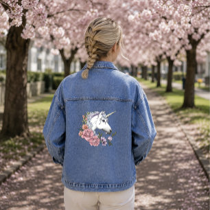 Betoverde Witte Eenhoorn Bloemen Roze Zwart Denim Jacket