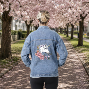 Betoverde Witte Eenhoorn Bloemen Roze Zwart Denim Jacket