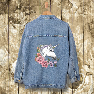 Betoverde Witte Eenhoorn Bloemen Roze Zwart Denim Jacket